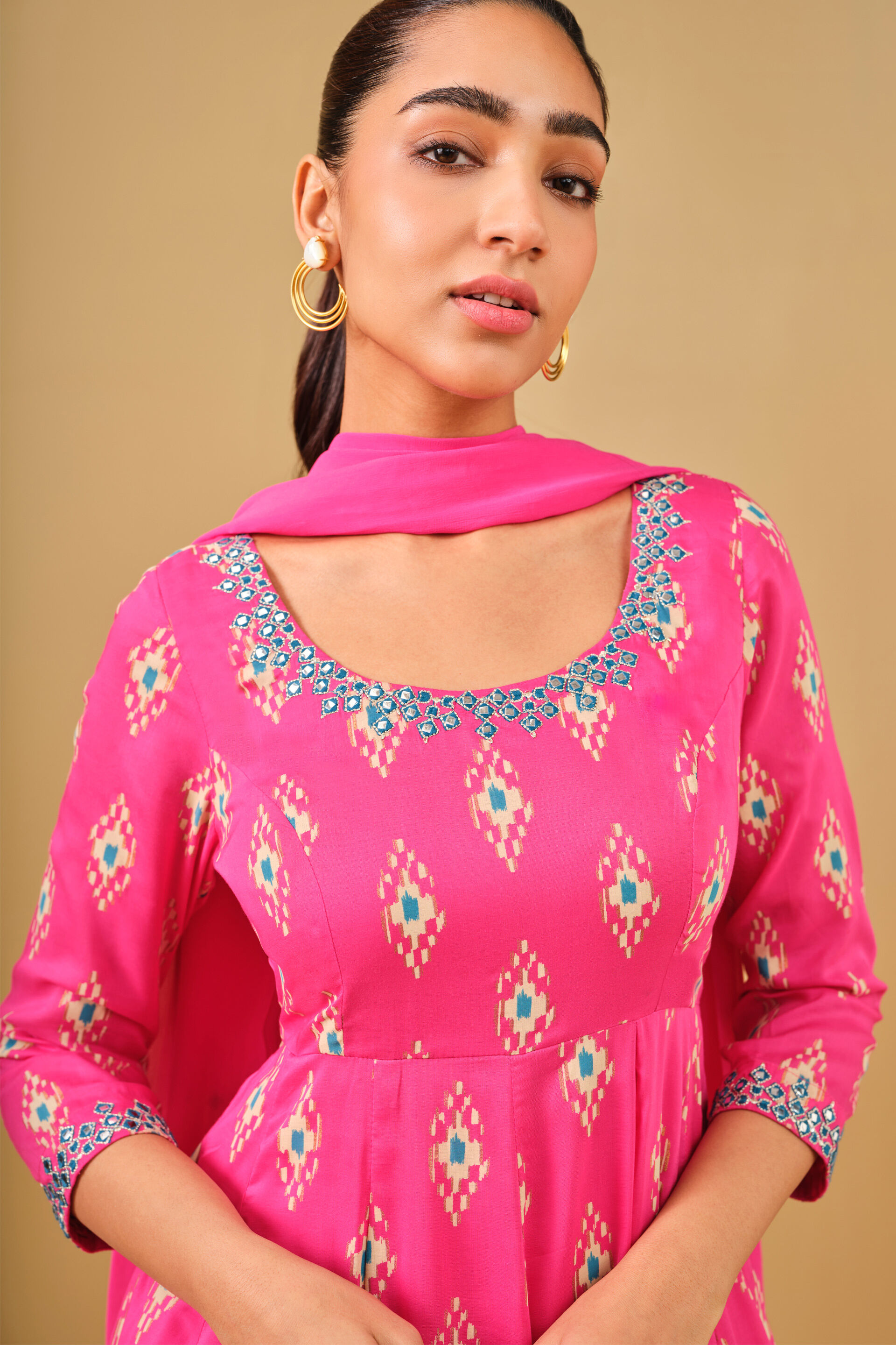 Ikat Inspired Pink Viscose Kurta Set, Pink, image 4